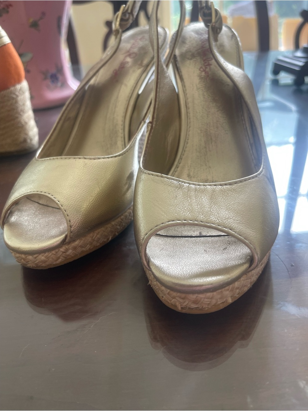 Lilly Pulitzer Gold Peep-Toe Espadrille Wedge Sandals
